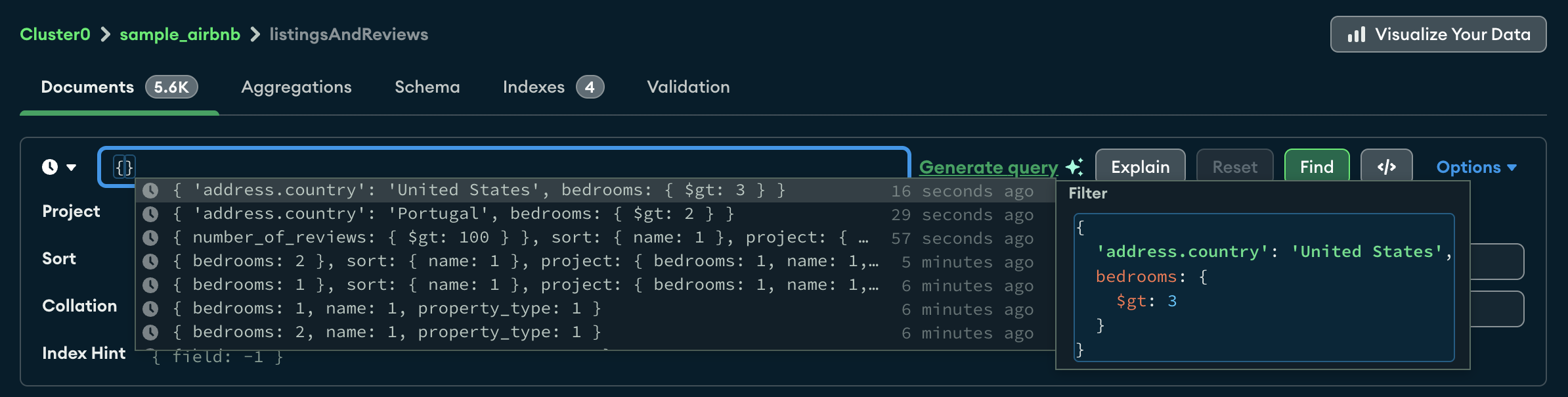 Atlas query autocomplete menu