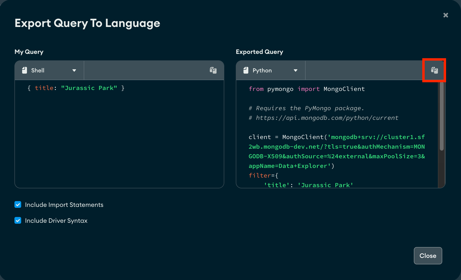 Copy button clicked in Export Query to Language modal