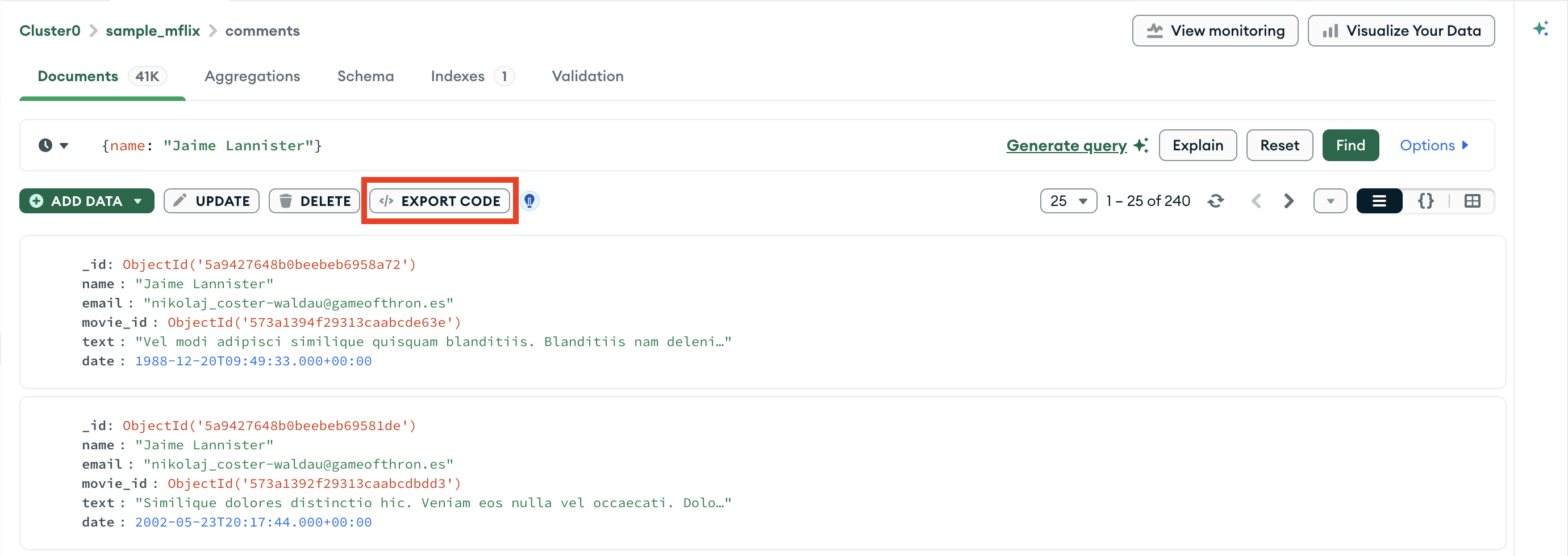 Query bar export dropdown menu