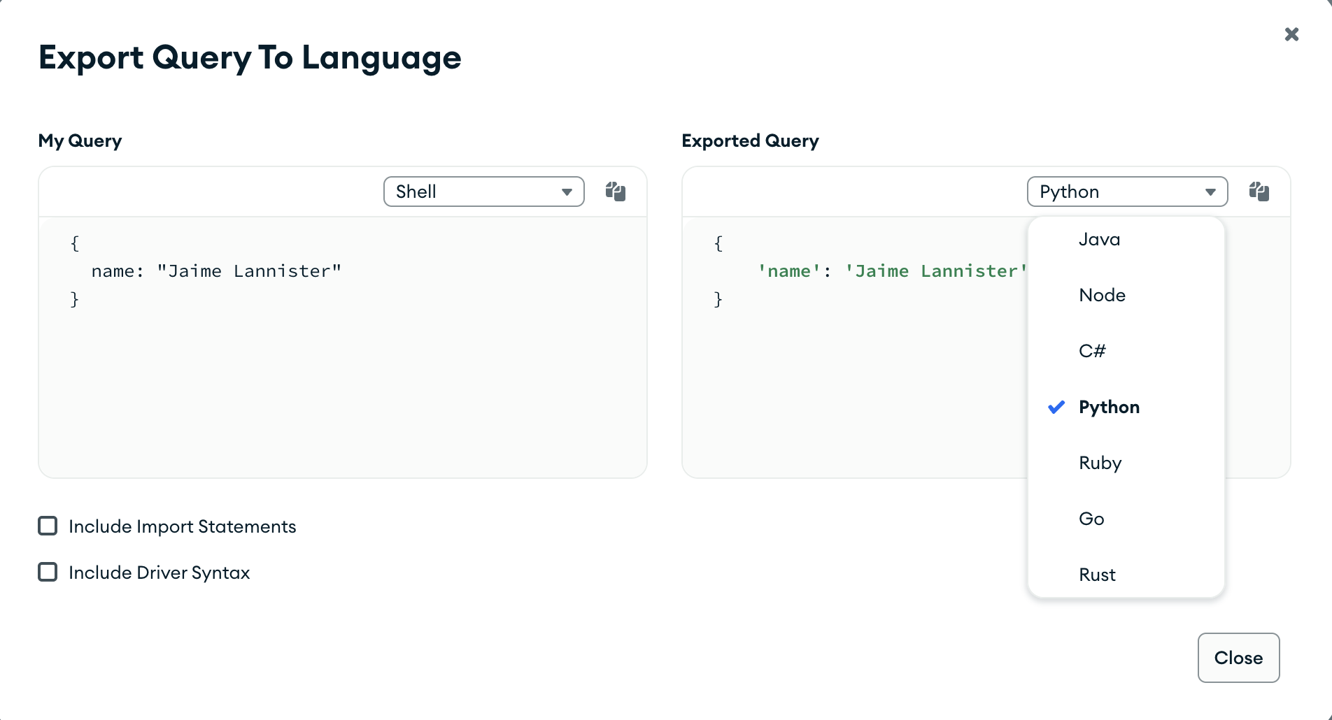 Query bar language select
