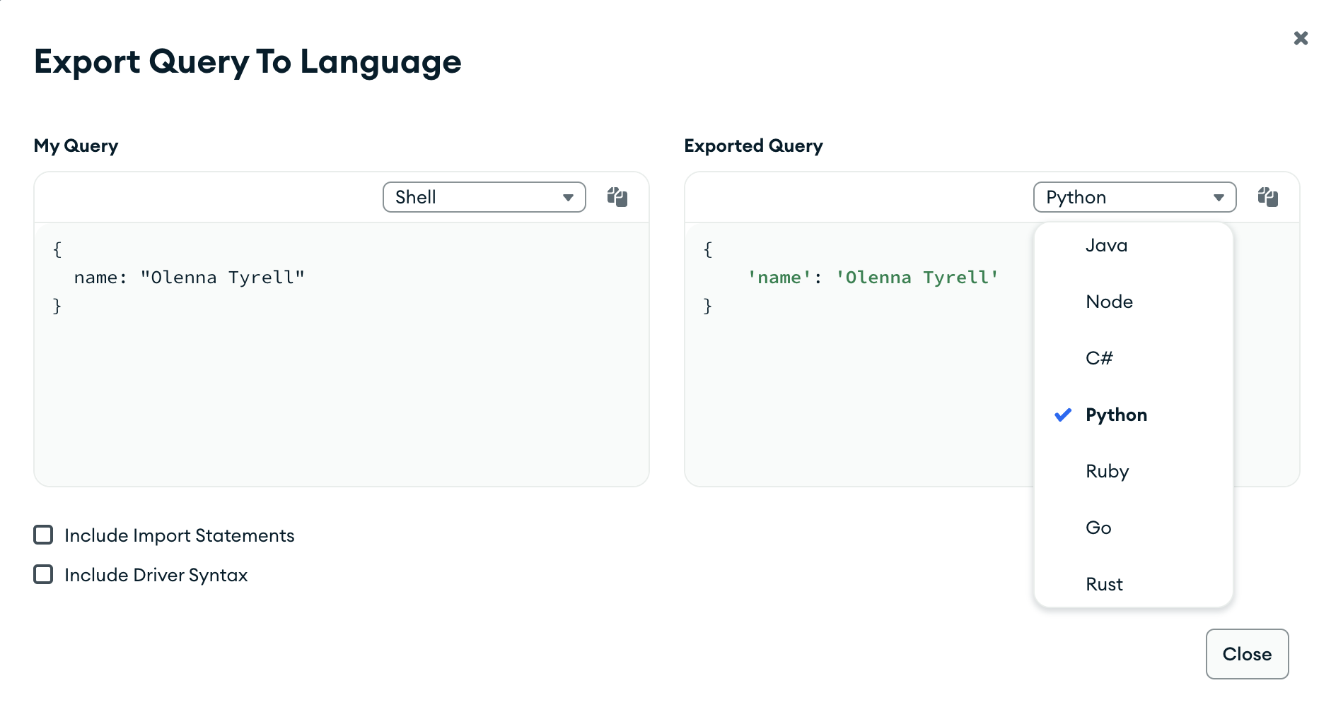Query bar language select