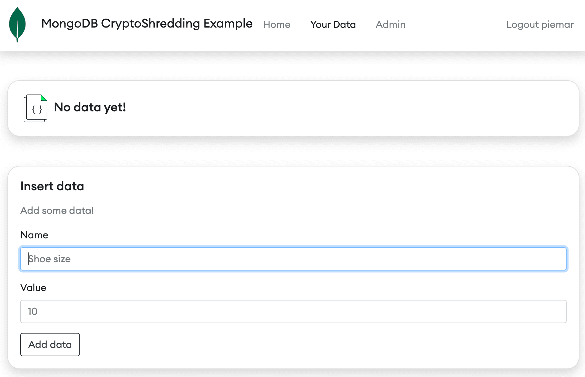A sample UI for adding data