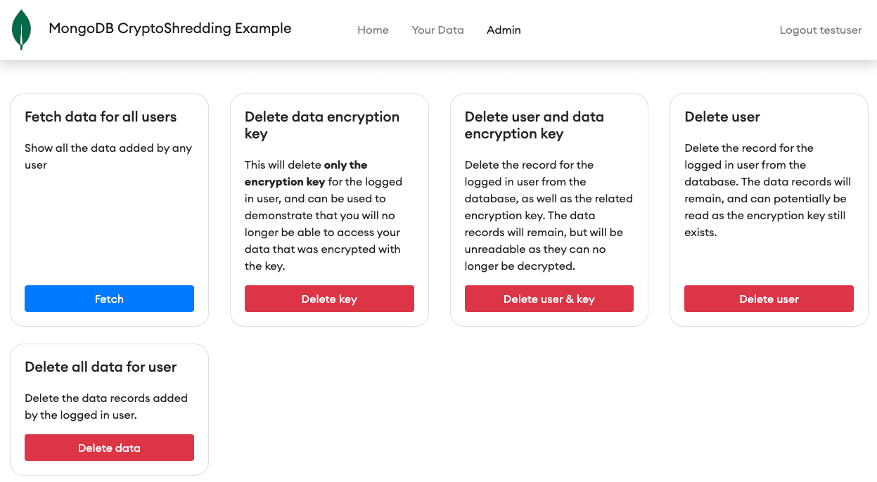 The sample app admin page