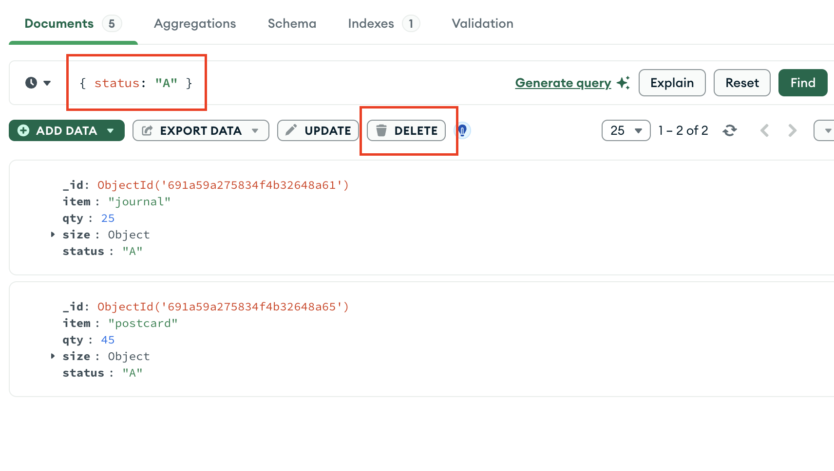 MongoDB Compass Documents tab with the DELETE button highlighted.