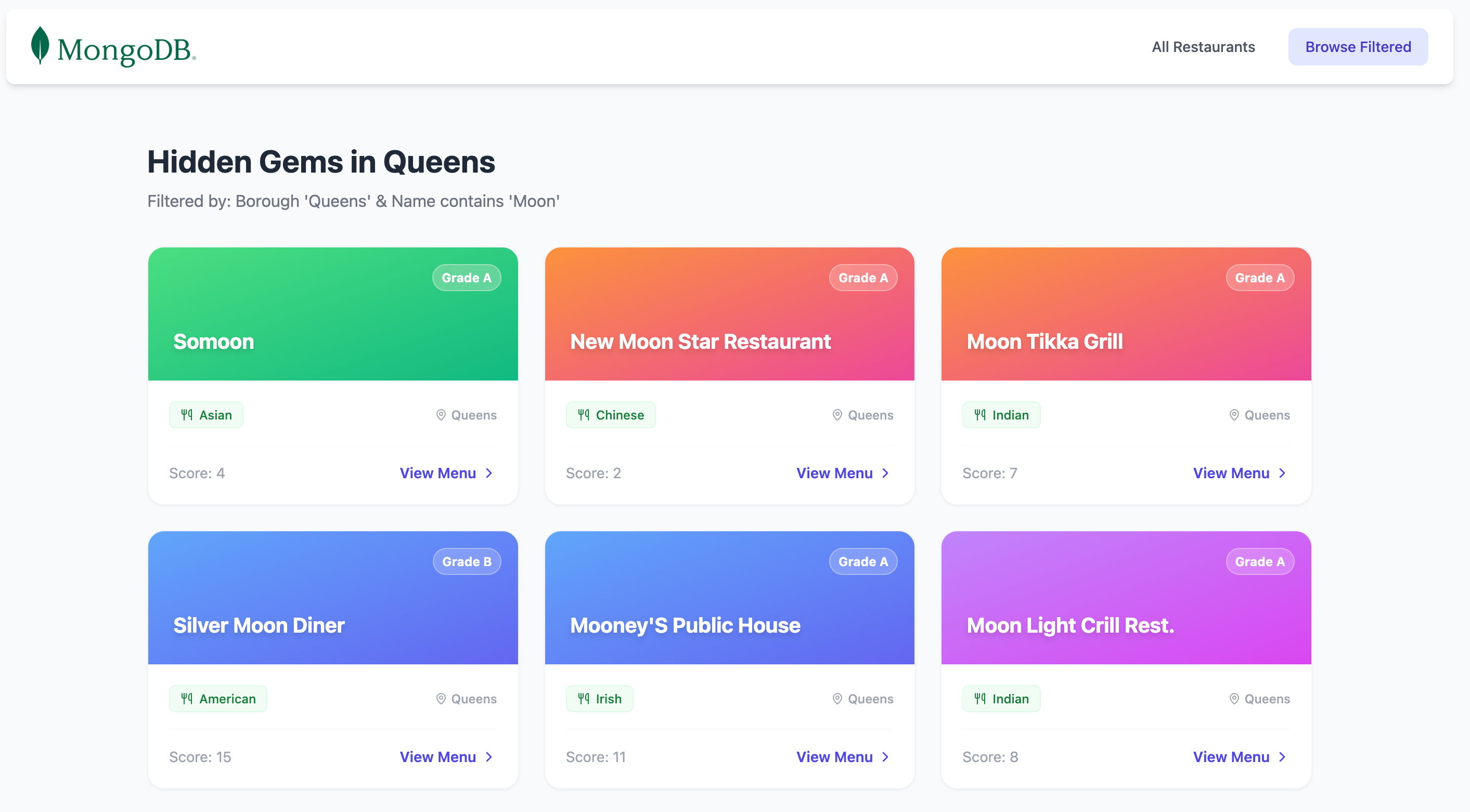 Filtered restaurants page that displays Queens restaurants with names that contain the word Moon.