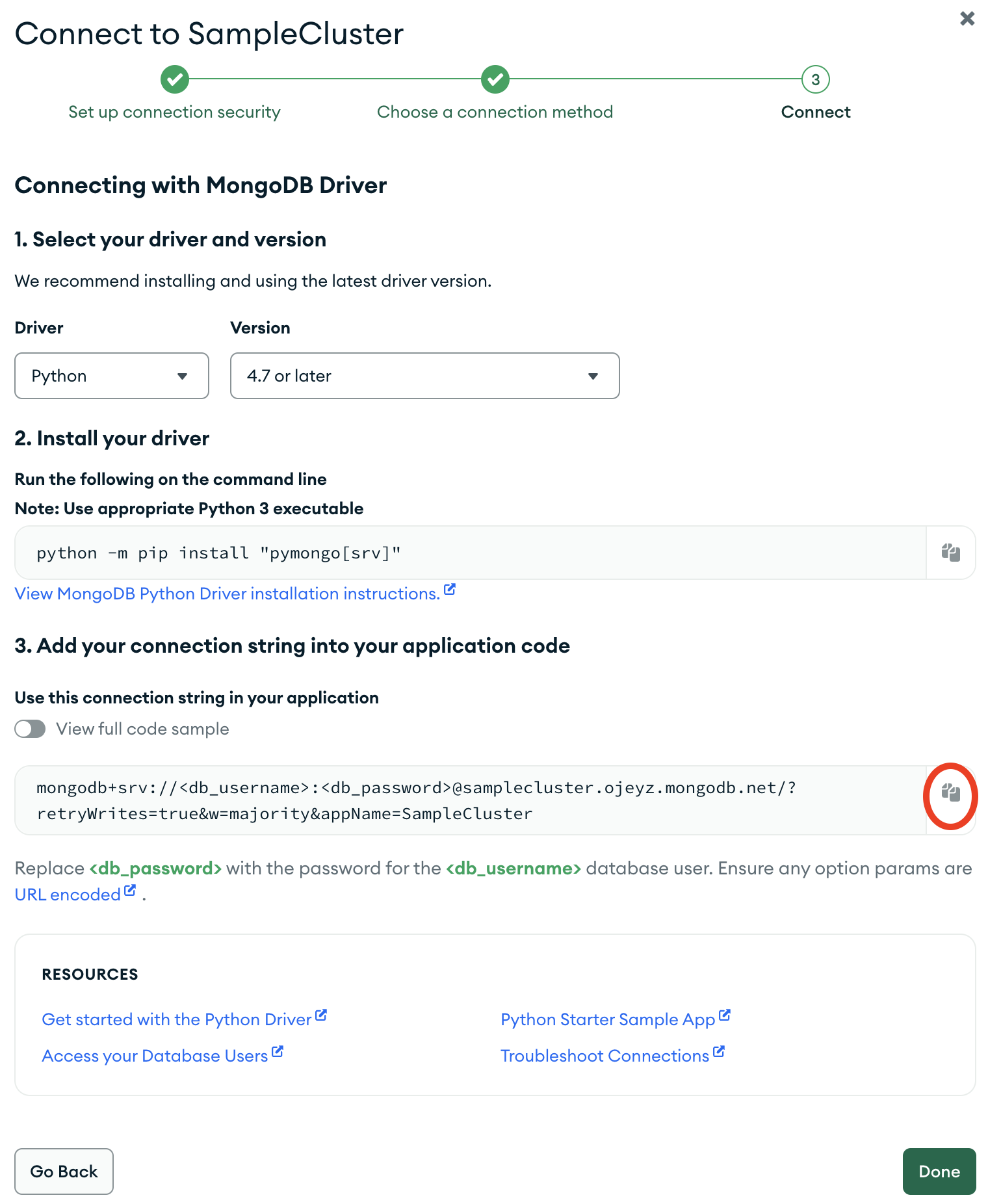 The connection string copy button in the Atlas UI