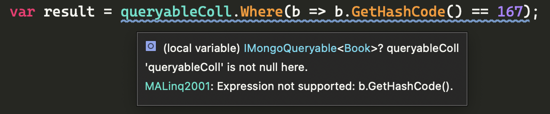 Screenshot of warning displayed in Visual Studio from unsupported LINQ.