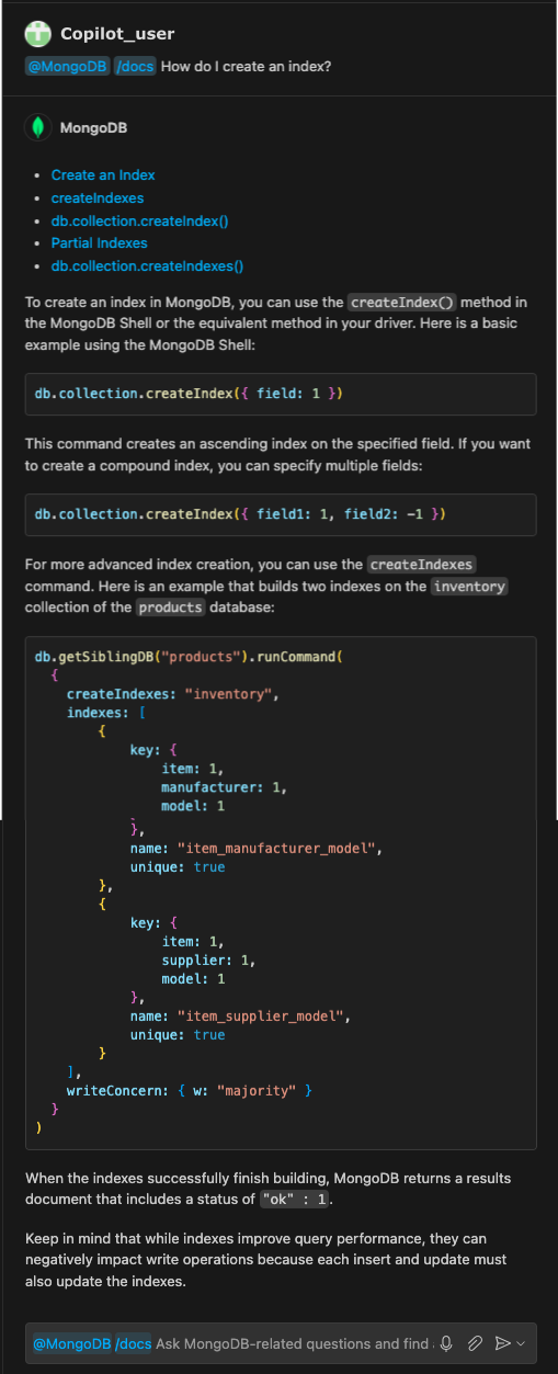 Screenshot of copilot providing information on creating an index