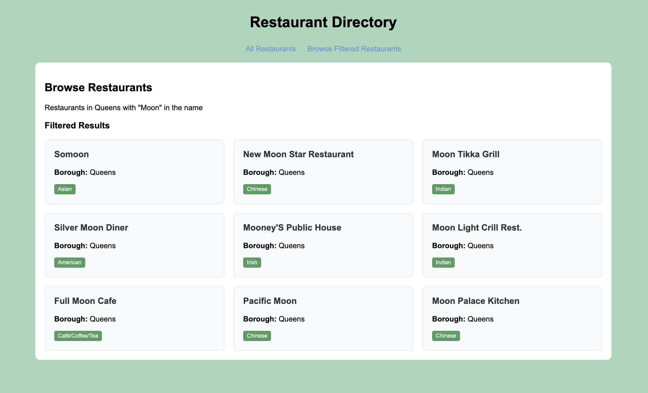 The web page that displays filtered restaurants