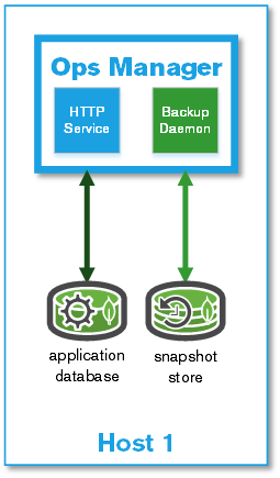 Minimal deployment for development or testing, with the application, backup daemon, and databases on a single server.