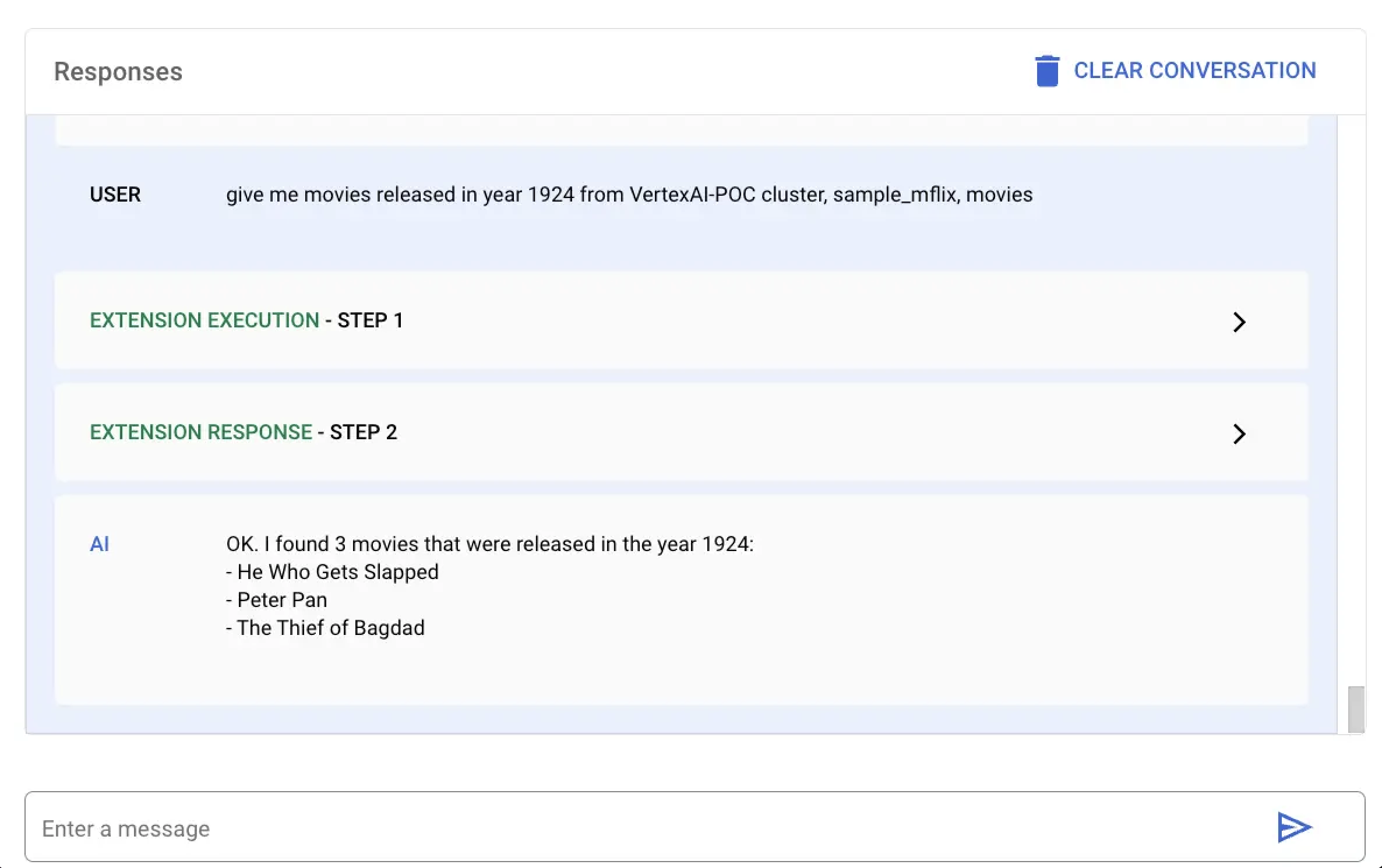 Screenshot of the Vertex AI response to the natural language query