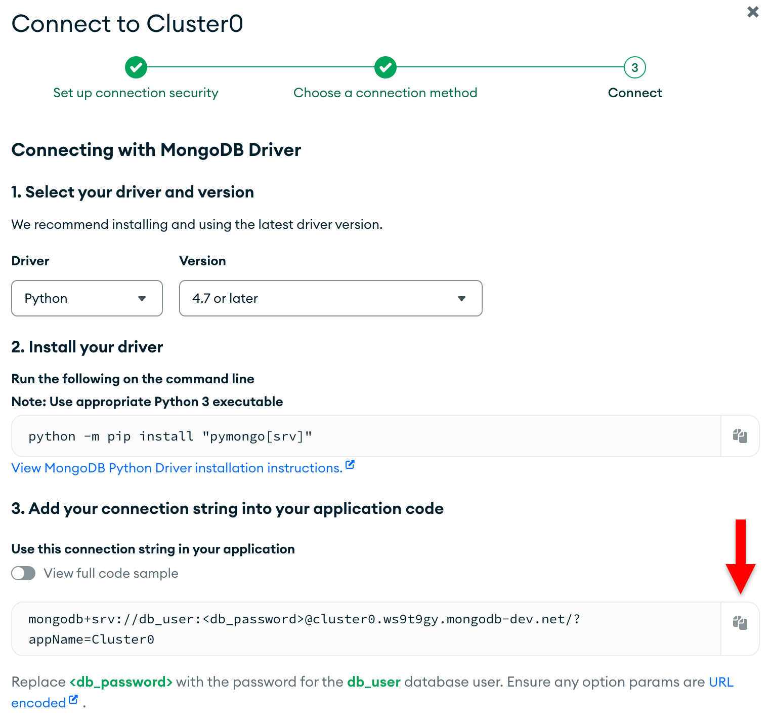 The connection string copy button in the Atlas UI