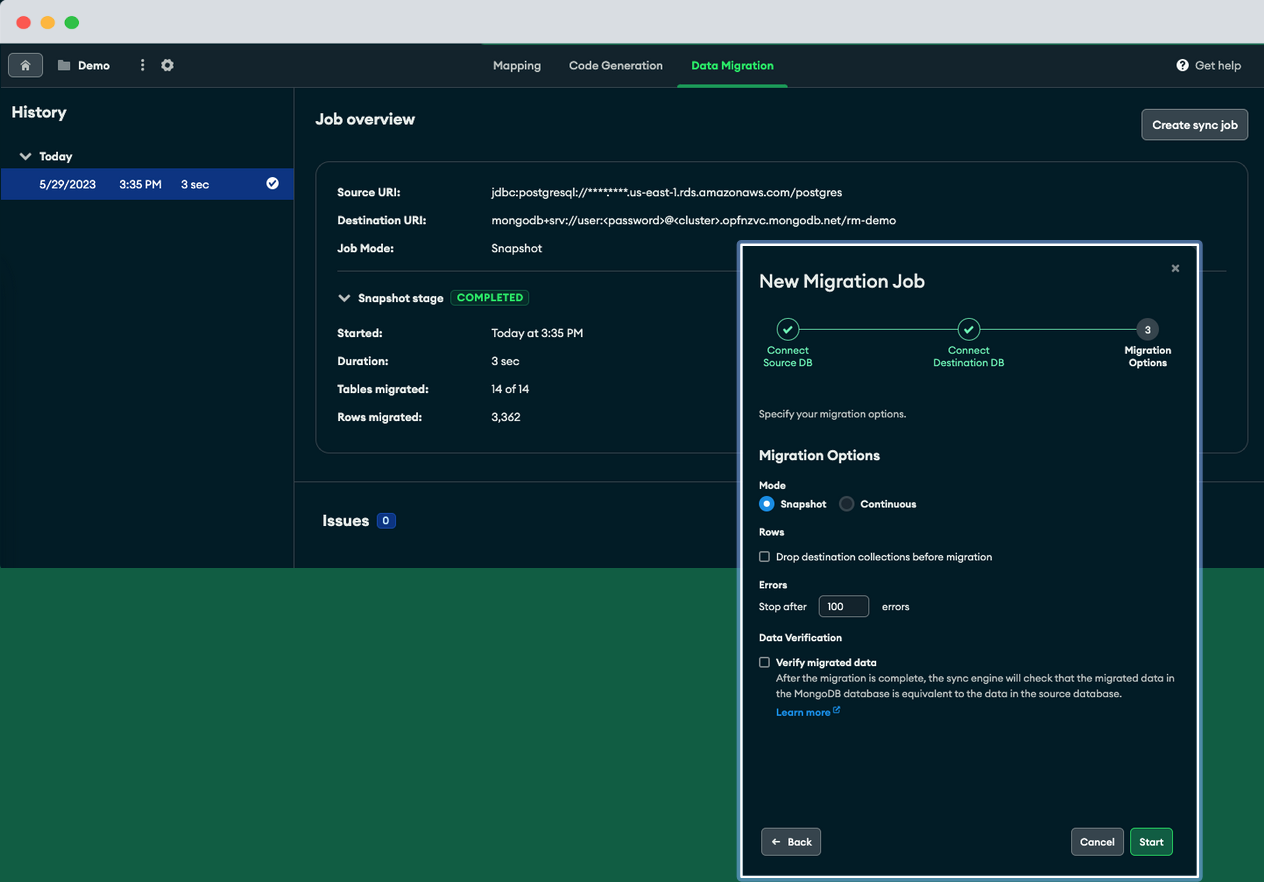 The data migration UI in Relational Migrator